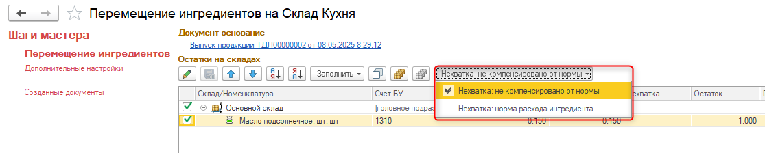 перемещение ингредиентов, списание продуктов, общепит, кафе, выпуск продукции, нехватка ингредиентов, норм расхода ингредиента, перемещение тмз